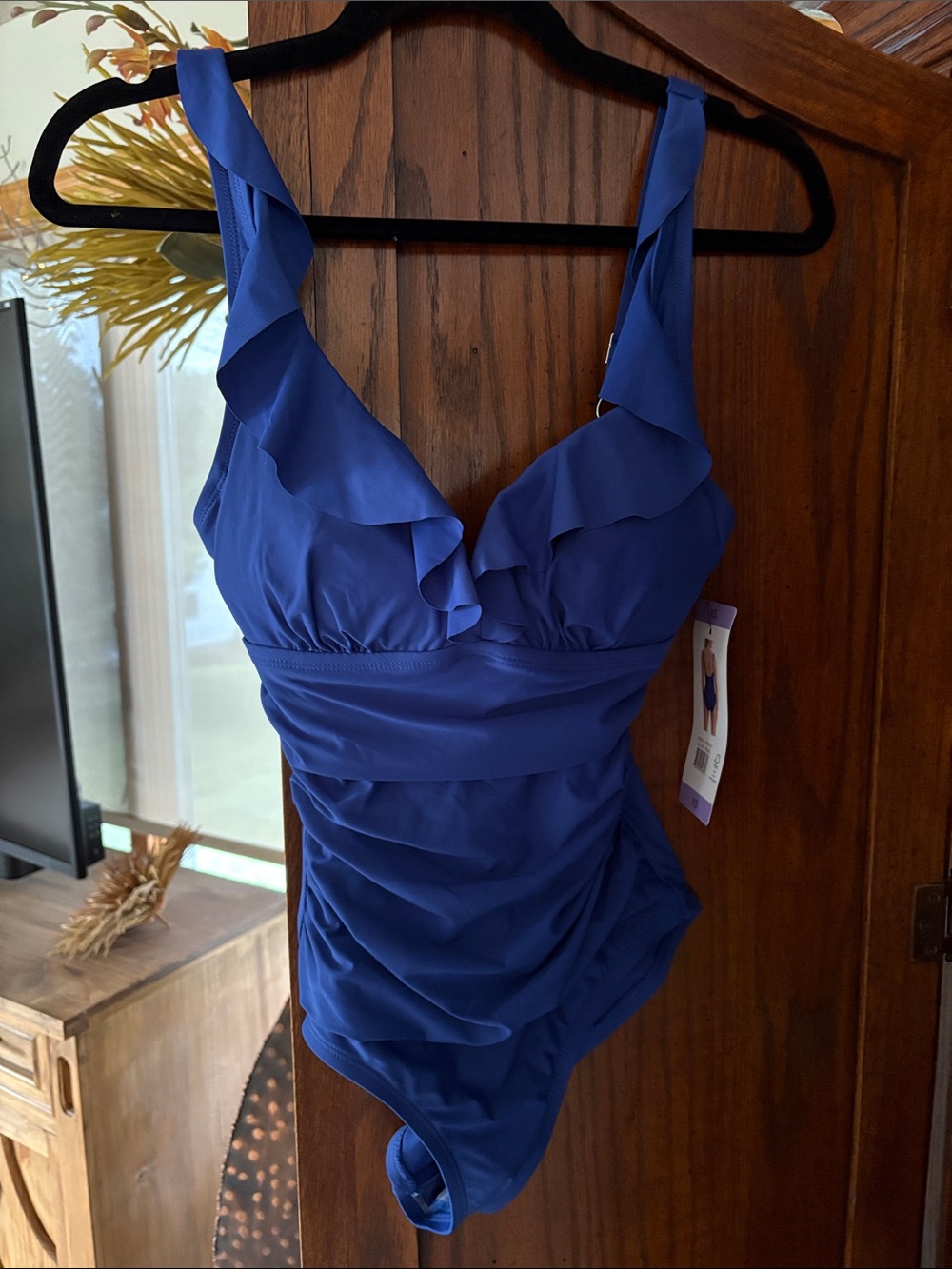 Dkny Royal Blue Ruffle V-Neck One-Piece Swimsuit - Picture 3 of 7
